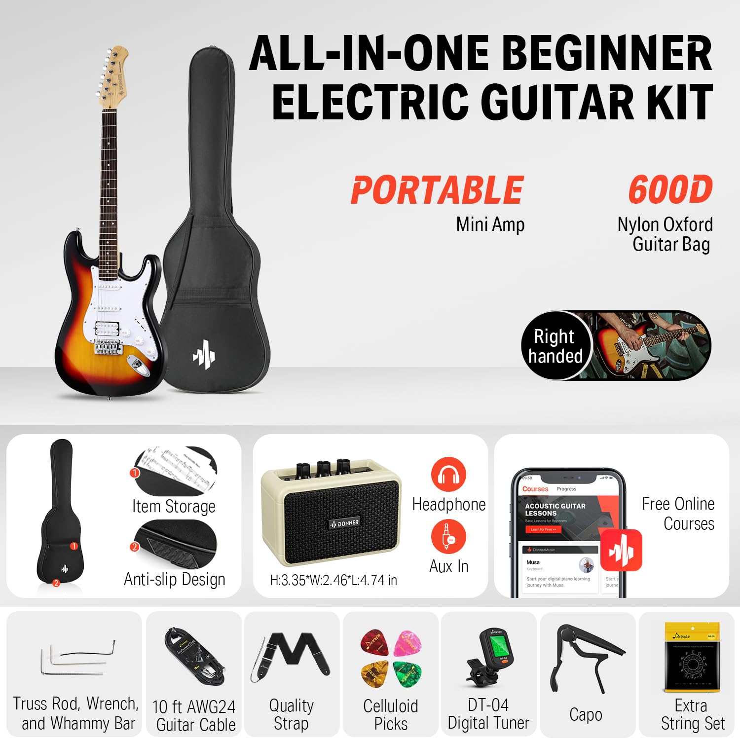 Donner DST-100S 39 Inch Full Size Electric Guitar Kit Solid Body Sunburst, Beginner Starter, with Amplifier, Bag, Capo, Strap, S